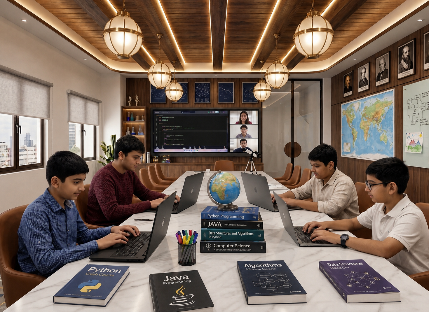 Students at Aetheris Institute working through Computer Science material on laptops