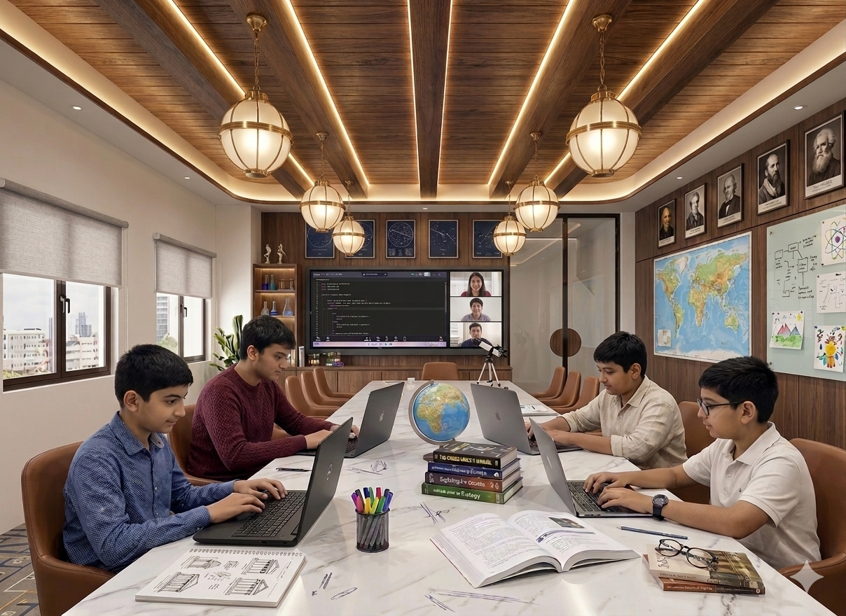 Aetheris Institute classroom — students collaborating on laptops around a round table